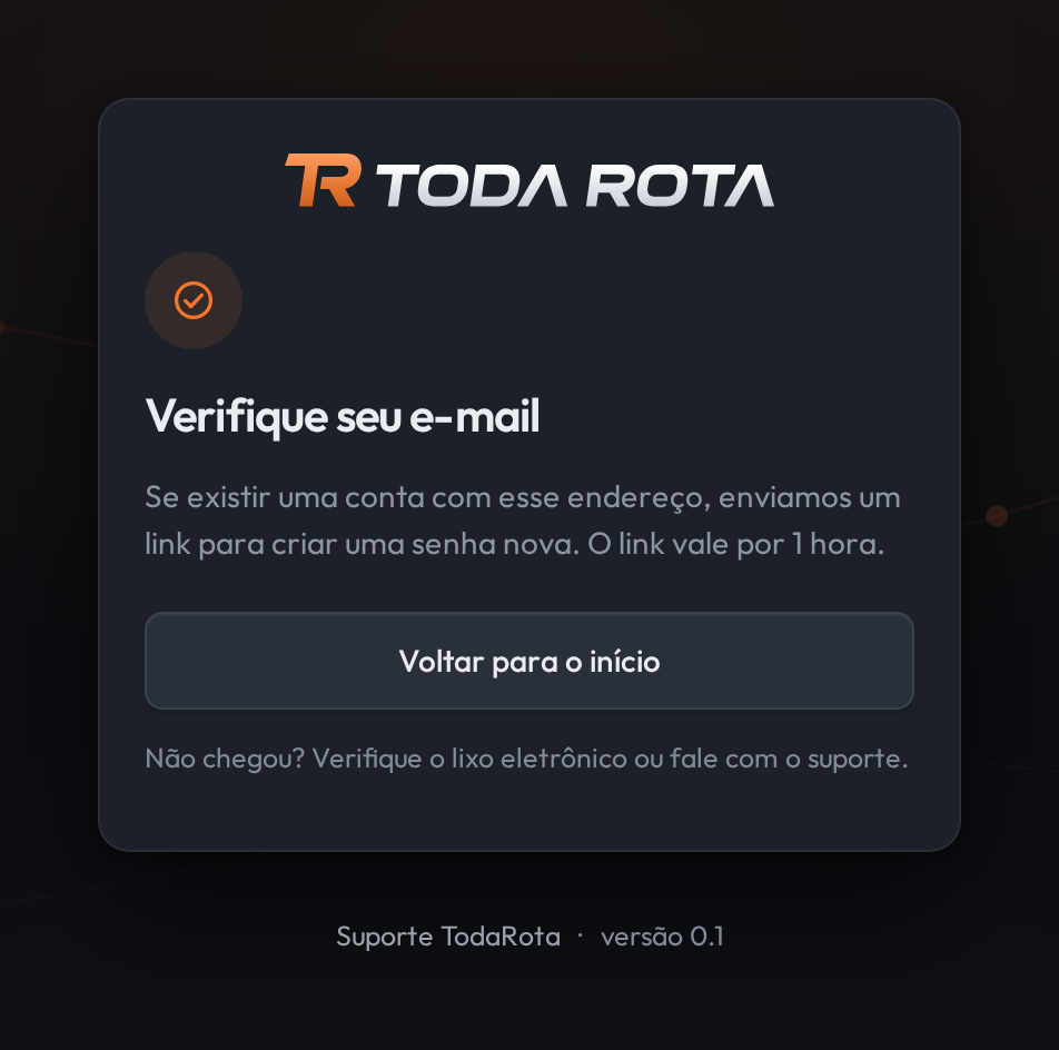 Cartão da recuperação de senha depois do envio, recortado. Um ícone de confirmação, o título Verifique seu e-mail, o texto Se existir uma conta com esse endereço, enviamos um link para criar uma senha nova. O link vale por 1 hora, o botão Voltar para o início e a observação Não chegou? Verifique o lixo eletrônico ou fale com o suporte.