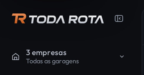 Recorte do alto da barra do menu aberta. Abaixo da marca TodaRota e do botão de recolher, um bloco com um ícone de prédio, o texto Transportes Andrade na primeira linha e Garagem CPA na segunda, com uma seta à direita.