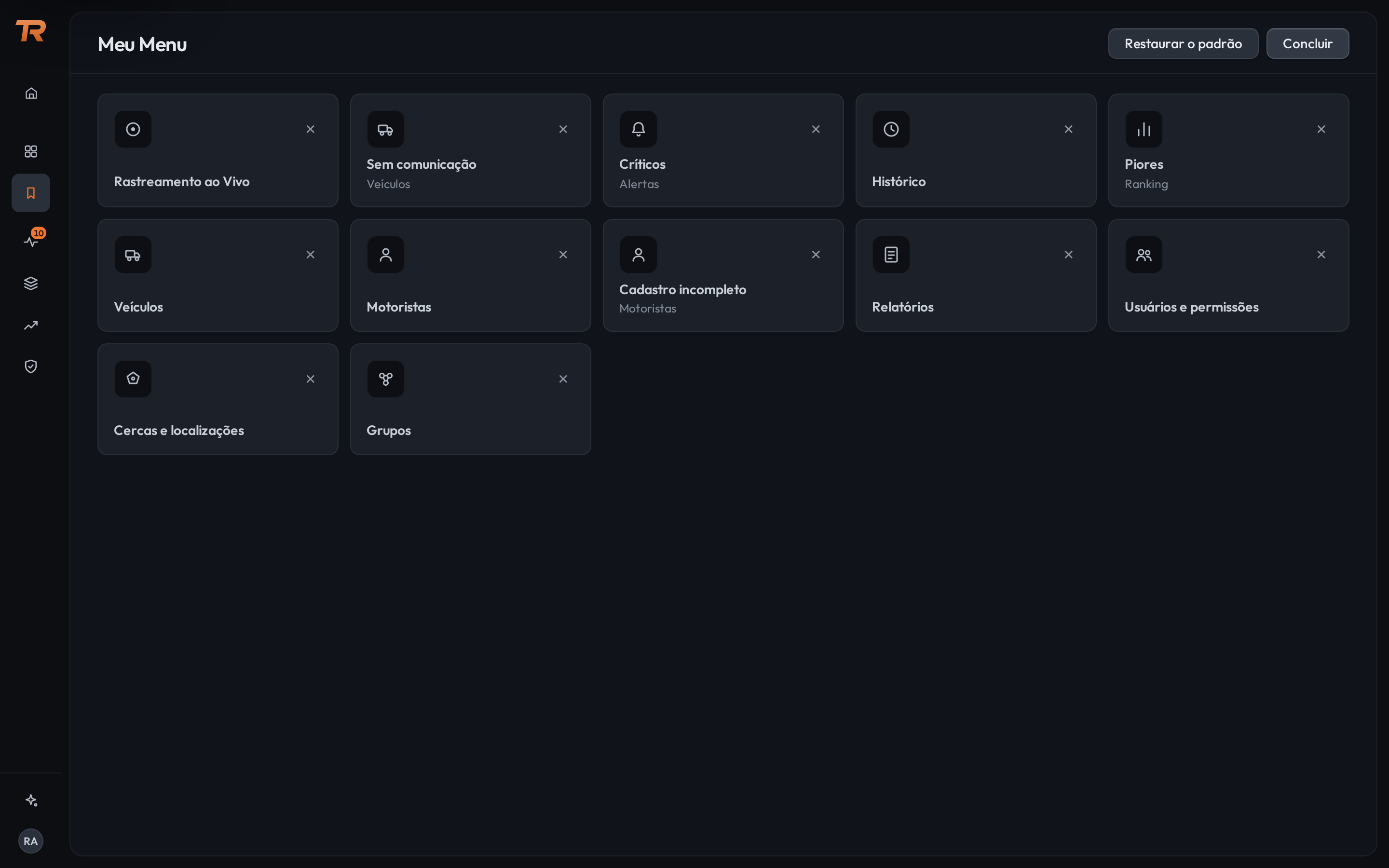 A tela Meu Menu em modo de organização. Cada bloco tem um X no canto superior direito, e as contagens não aparecem mais. No alto, à direita, os botões Restaurar o padrão e Concluir. O cartão Acrescentar atalho não é exibido.