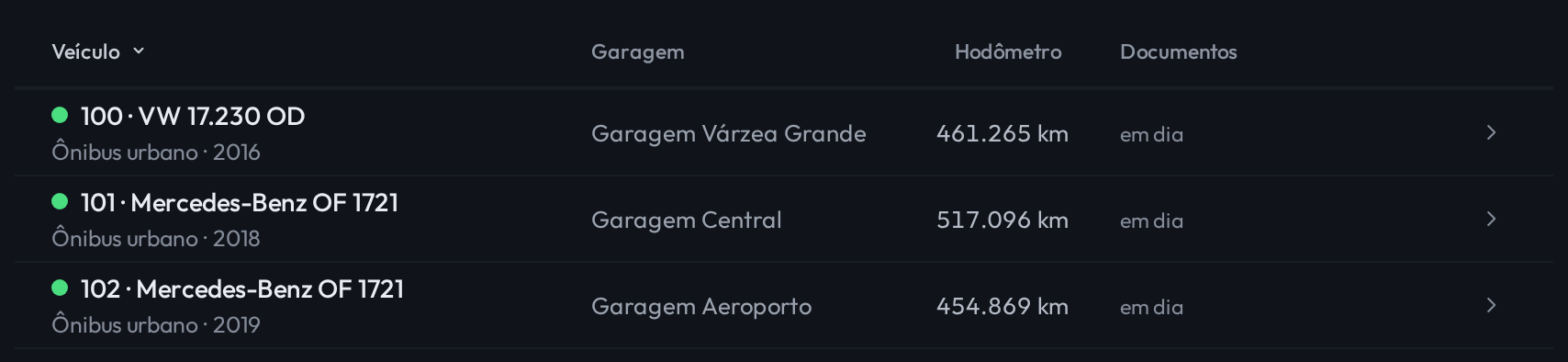 A mesma tabela de Veículos numa janela estreita, com apenas quatro colunas: Veículo, Garagem, Hodômetro e Documentos. As colunas Placa e Última posição não aparecem.
