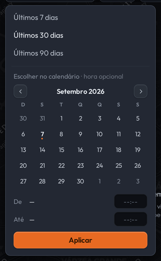 Menu do período aberto. No alto, três teclas: Últimos 7 dias, Últimos 30 dias acesa e Últimos 90 dias. Abaixo, o rótulo Escolher no calendário, hora opcional, e o calendário de Setembro de 2026 com os dias da semana. No pé, os campos De e Até e o botão Aplicar.