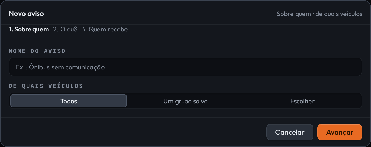 Etapa 1 do Novo aviso, Sobre quem, de quais veículos. As três etapas numeradas no alto. O campo Nome do aviso e, abaixo, De quais veículos com as opções Todos, Um grupo salvo e Escolher. No rodapé, Cancelar e Avançar.