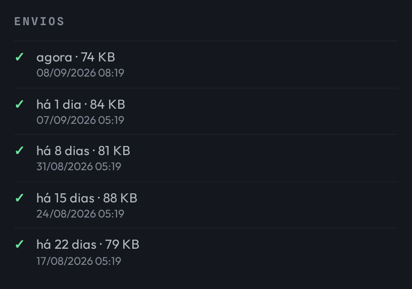 Bloco Envios da ficha de um agendamento, com a lista de envios anteriores. O primeiro item diz agora, com o tamanho e a data e hora; abaixo dele, os envios de dias anteriores.
