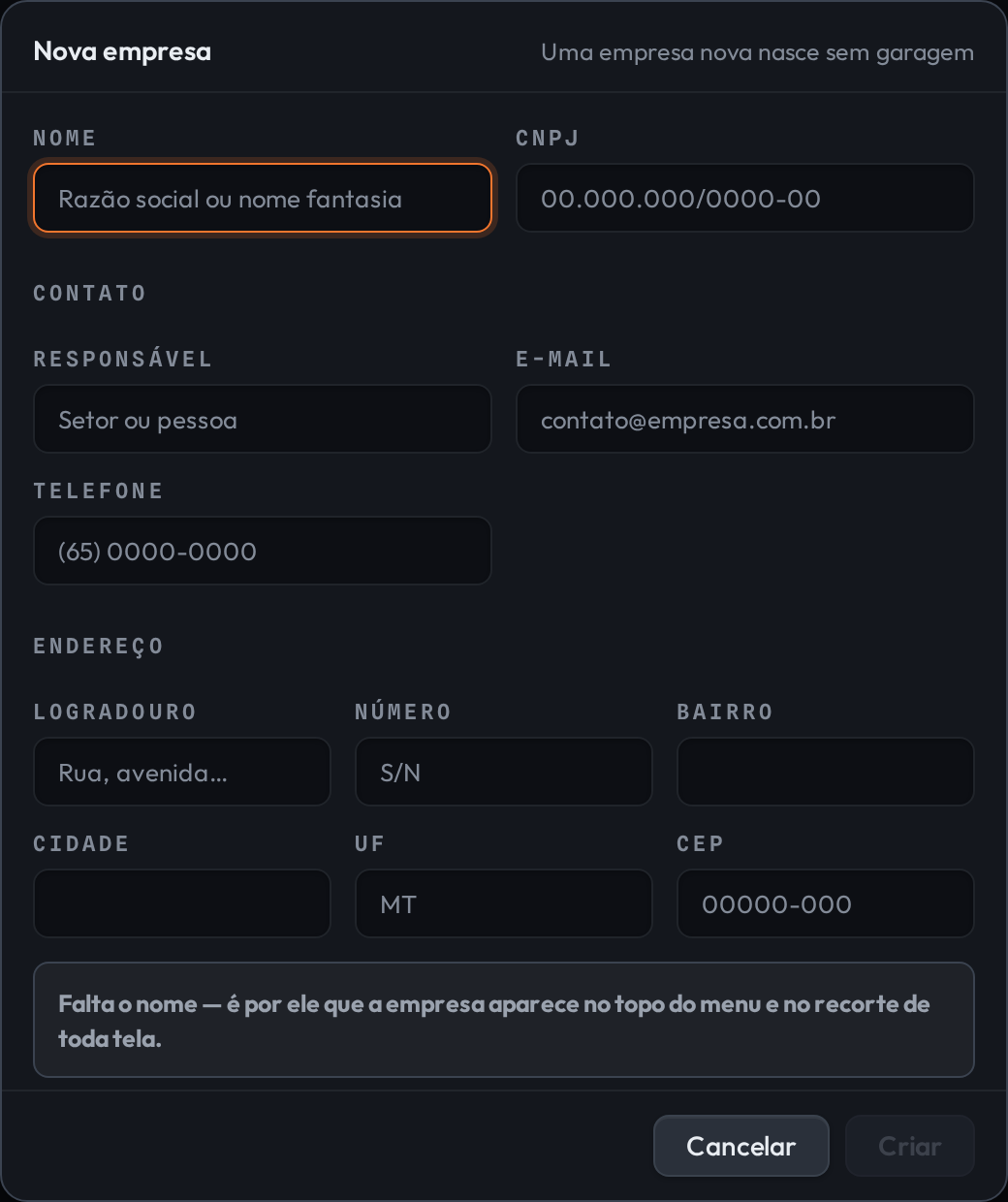 Janela Nova empresa, com o subtítulo uma empresa nova nasce sem garagem. Campos Nome e CNPJ; bloco Contato com responsável, e-mail e telefone; bloco Endereço com logradouro, número, bairro, cidade, UF e CEP. No pé, o aviso: falta o nome, é por ele que a empresa aparece no topo do menu e no recorte de toda tela. Botões Cancelar e Criar.